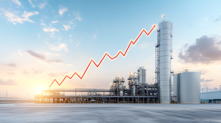 Petrochemical plant with rising graph on sky background, Oil and gas concept