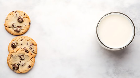 Chocolate chip cookies and a glass of milk on white marble backgroundの写真素材