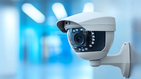 CCTV security camera on blue background. 3d rendering and illustration.