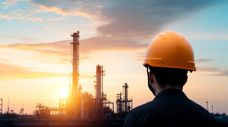Engineer with safety helmet at oil refinery plant with sunset sky background