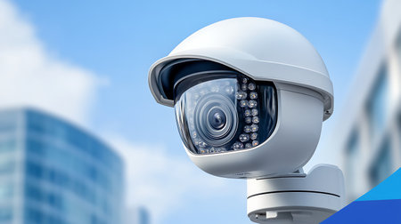 Surveillance camera in front of modern building. 3d renderingの写真素材