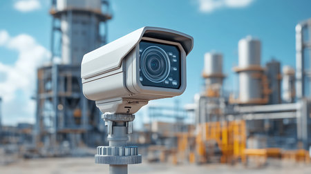 Surveillance camera in oil refinery. 3d rendering. Computer digital drawing.