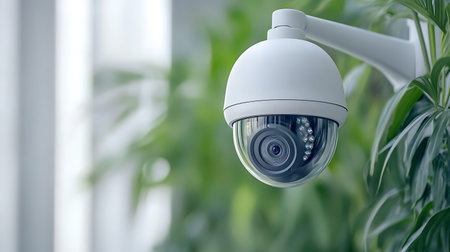 CCTV security camera in office or home with green plant background.