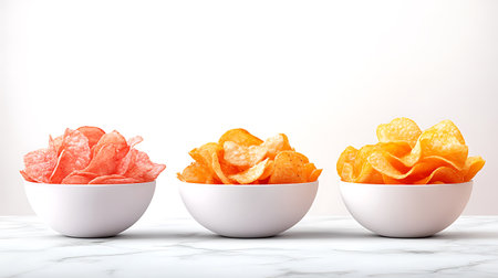 Potato chips in white bowl on white marble table with copy spaceの写真素材