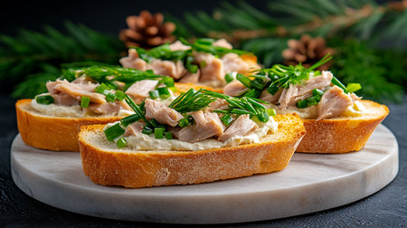 Bruschetta with tuna fish, green onion and chives on wooden boardの写真素材