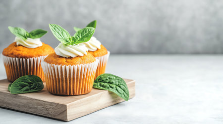 Homemade cupcakes with fresh basil leaves on wooden board over white marble background.の写真素材