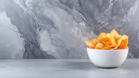 Potato chips in white bowlle background. Copy space.の写真素材