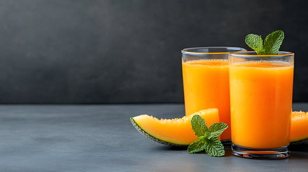 Glass of fresh melon smoothie on dark background, copy spaceの写真素材