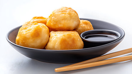 Fried dumplings in a bowl with soy sauce and chopsticksの写真素材