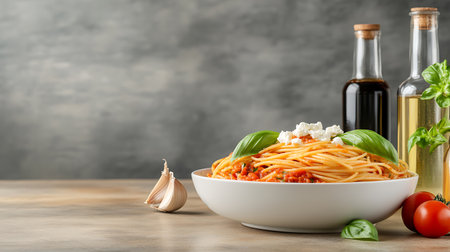 Plate of tasty pasta with bolognese sauce on tableの写真素材