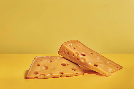 Two pieces of cheese with holes on a yellow background. Copy space.の写真素材
