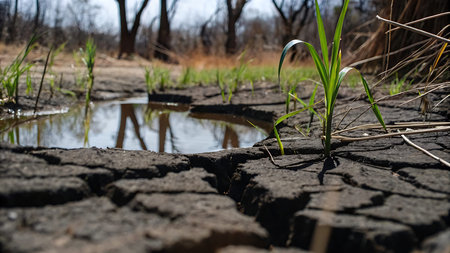 Sugarcane plants growing in dry cracked soil, drought concept