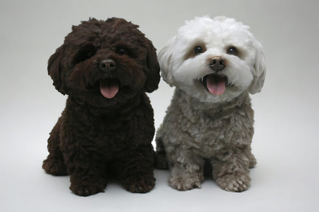 Two black and brown dogs sitting on gray background