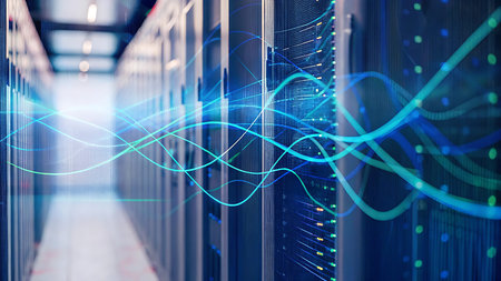 Futuristic server room data center with lines and charts 3D rendering