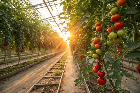 Ripe tomatoes in a greenhouse. Greenhouses for growing vegetables.の写真素材