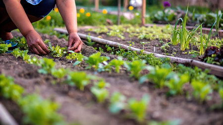 Young woman planting vegetables in the garden. Selective focus. nature.