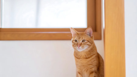 ginger cat sitting on the windowsill and looking at the camera