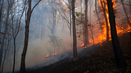 Forest fire in the forest, smoke from burning dry grass and trees