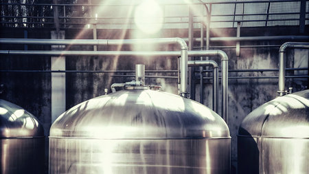 Stainless steel tanks for beer fermentation in a brewery. Toned.の写真素材