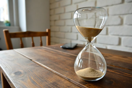 Hourglass with sand on wooden table at home. Time management conceptの写真素材