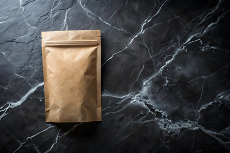 Brown paper bag on black marble background with copy space, top viewの写真素材