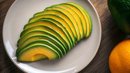 Sliced avocado on a plate with oranges and lime on wooden backgroundの写真素材
