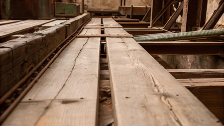 Wooden bridge over the river, close-up.の写真素材