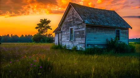 An old wooden house in a meadow at sunset. Beautiful landscape.の写真素材