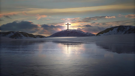 Cross on a frozen lake in the mountains at sunset. 3d renderの写真素材