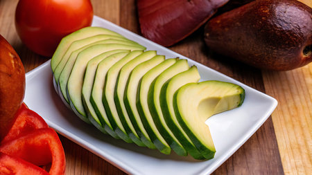 Sliced avocado on a white plate. On a wooden background.の写真素材