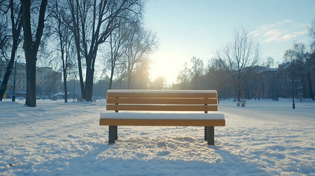 Bench in the city park at sunset. Beautiful winter landscape with snow.の写真素材