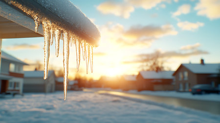 Icicles hanging from the roof of a house at sunset.の写真素材