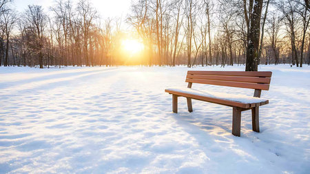 Wooden bench in the park on a sunny winter day. Winter landscape.の写真素材
