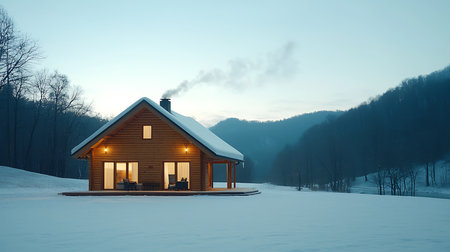 Wooden cottage in winter forest with snow and fog. 3d renderの写真素材