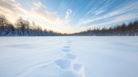 Beautiful winter landscape with frozen lake and footprints in the snow.の写真素材