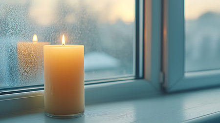 Two burning candles on the windowsill in rainy day. 3d renderingの写真素材