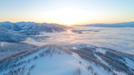 Aerial view of winter mountains covered with snow and fog at sunsetの写真素材