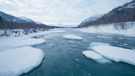 Beautiful winter landscape with frozen river and snow-capped mountainsの写真素材