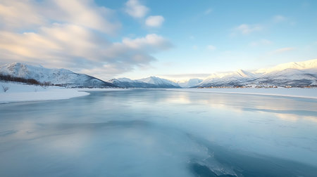 Beautiful winter landscape with frozen fjord and mountains in Norwayの写真素材