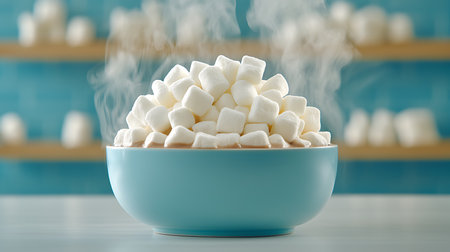 Marshmallows in a blue bowl on a blue background. Selective focus.の写真素材