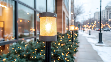 Vintage street light on a background of Christmas trees in the city