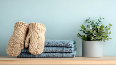 Knitted mittens and houseplant on wooden table near color wallの写真素材