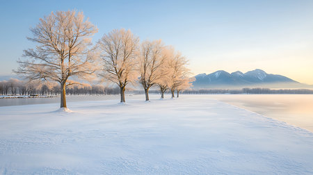 Winter landscape with trees on the shore of a frozen lake at sunriseの写真素材