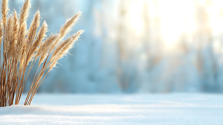 Beautiful winter landscape with reed grass on snow and sun raysの写真素材