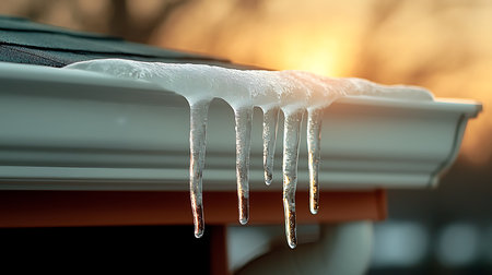 Icicles on the roof of a house in the rays of the setting sunの写真素材