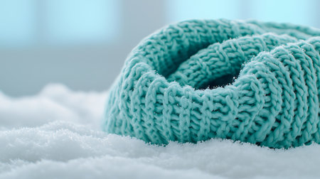 Blue knitted scarf on a white snow background. Winter fashion.の写真素材