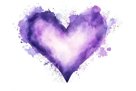 Watercolor painted purple heart on white background. Hand drawn illustration.の写真素材