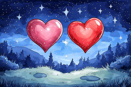 Valentines day background with two hearts in the forest. Vector illustration.