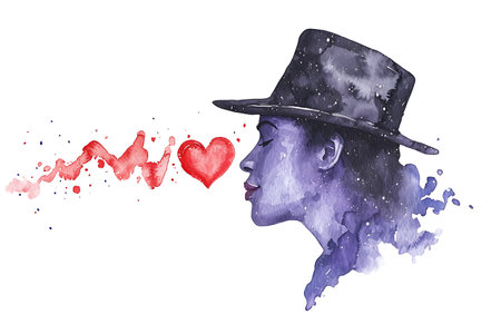Watercolor illustration of a man in a top hat with red heart.の写真素材