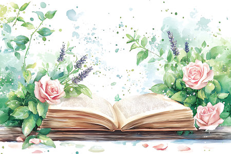 Open book with flowers and leaves. Watercolor background. Vector illustration.の写真素材